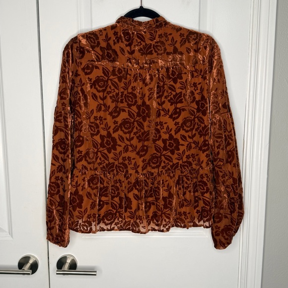 Anthropologie Rust Floral Velvet tie neck Blouse Size Small - Picture 7 of 12
